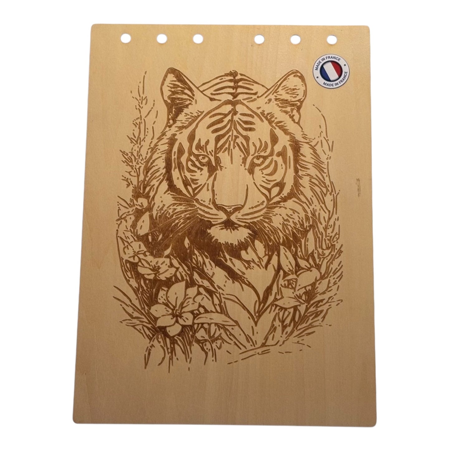 Couverture bloc note  A5 tigre avec des fleurs graver au laser rechargeable et ecologique fabrication francaise et artisanale