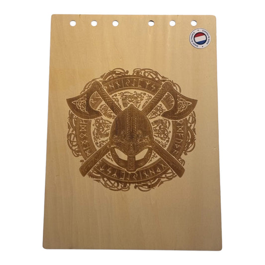 Couverture bloc note  A5 casque et haches graver au laser rechargeable et ecologique fabrication francaise et artisanale