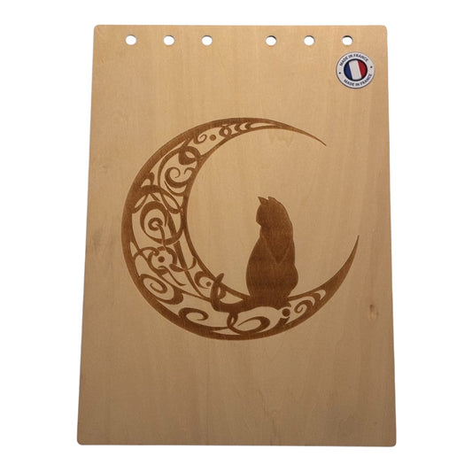  Couverture bloc note  A5 chat sur une lune en arabesque graver au laser rechargeable et ecologique fabrication francaise et artisanale