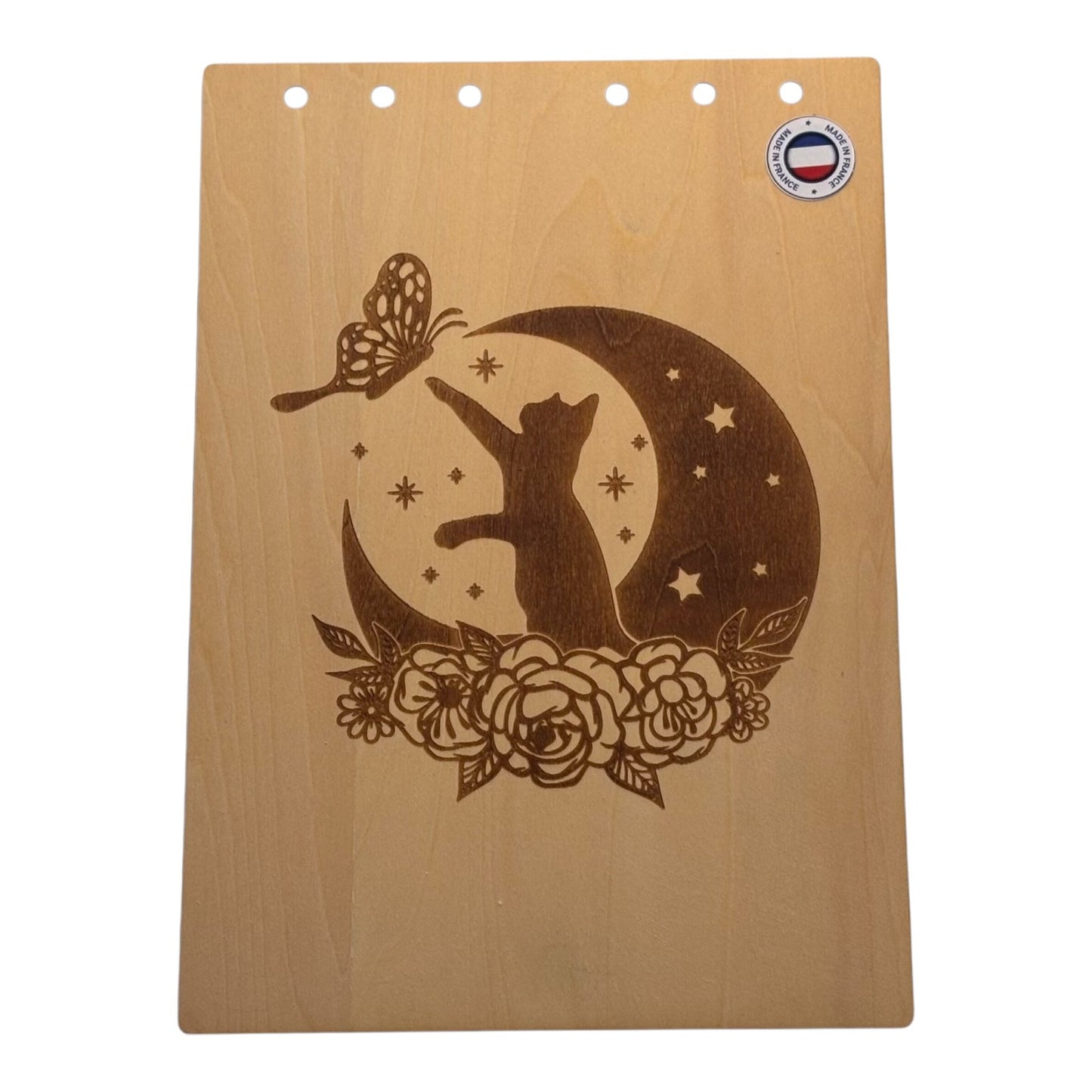0Couverture bloc note  A5 chat sur une lune et fleurs graver au laser rechargeable et ecologique fabrication francaise et artisanale