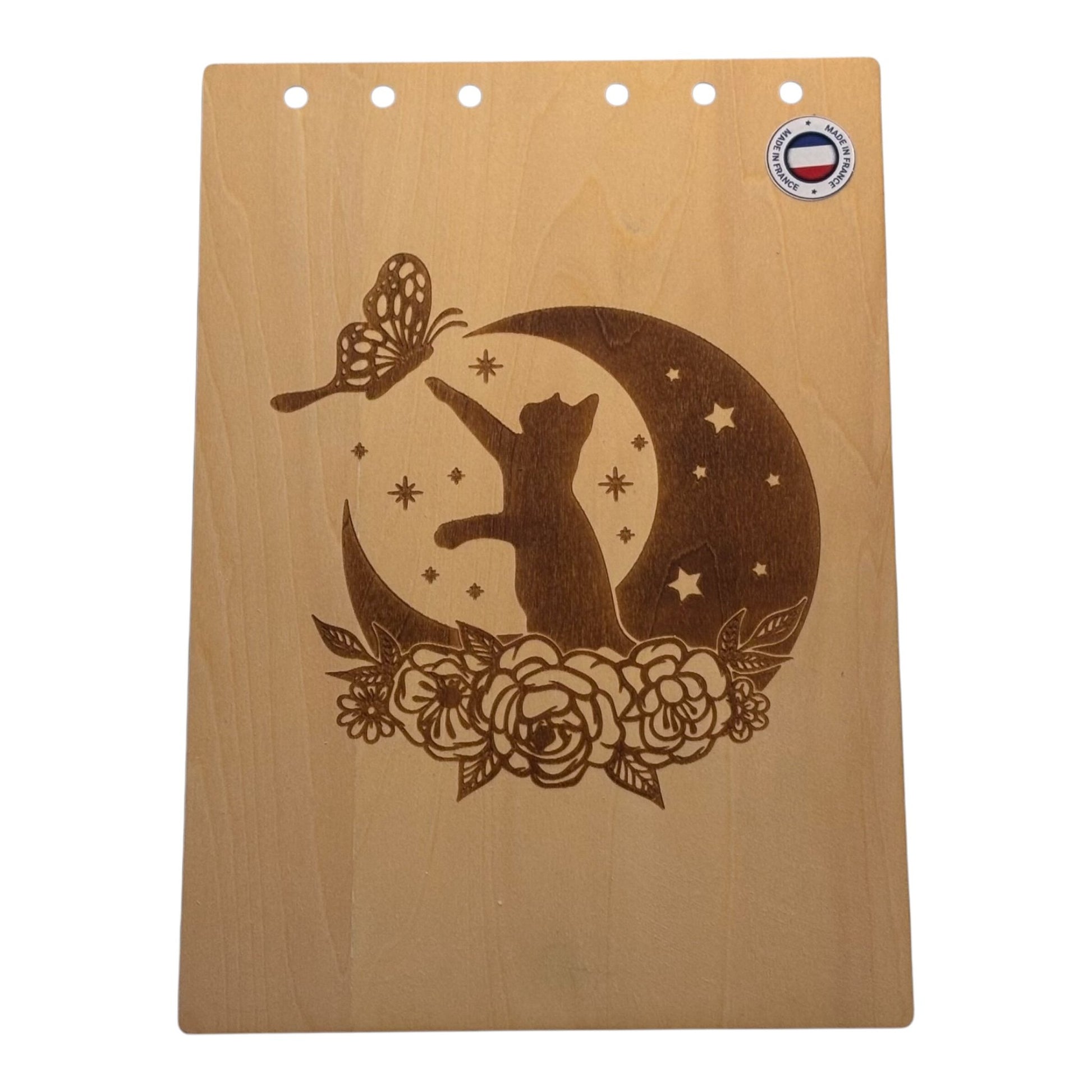 0Couverture bloc note  A5 chat sur une lune et fleurs graver au laser rechargeable et ecologique fabrication francaise et artisanale
