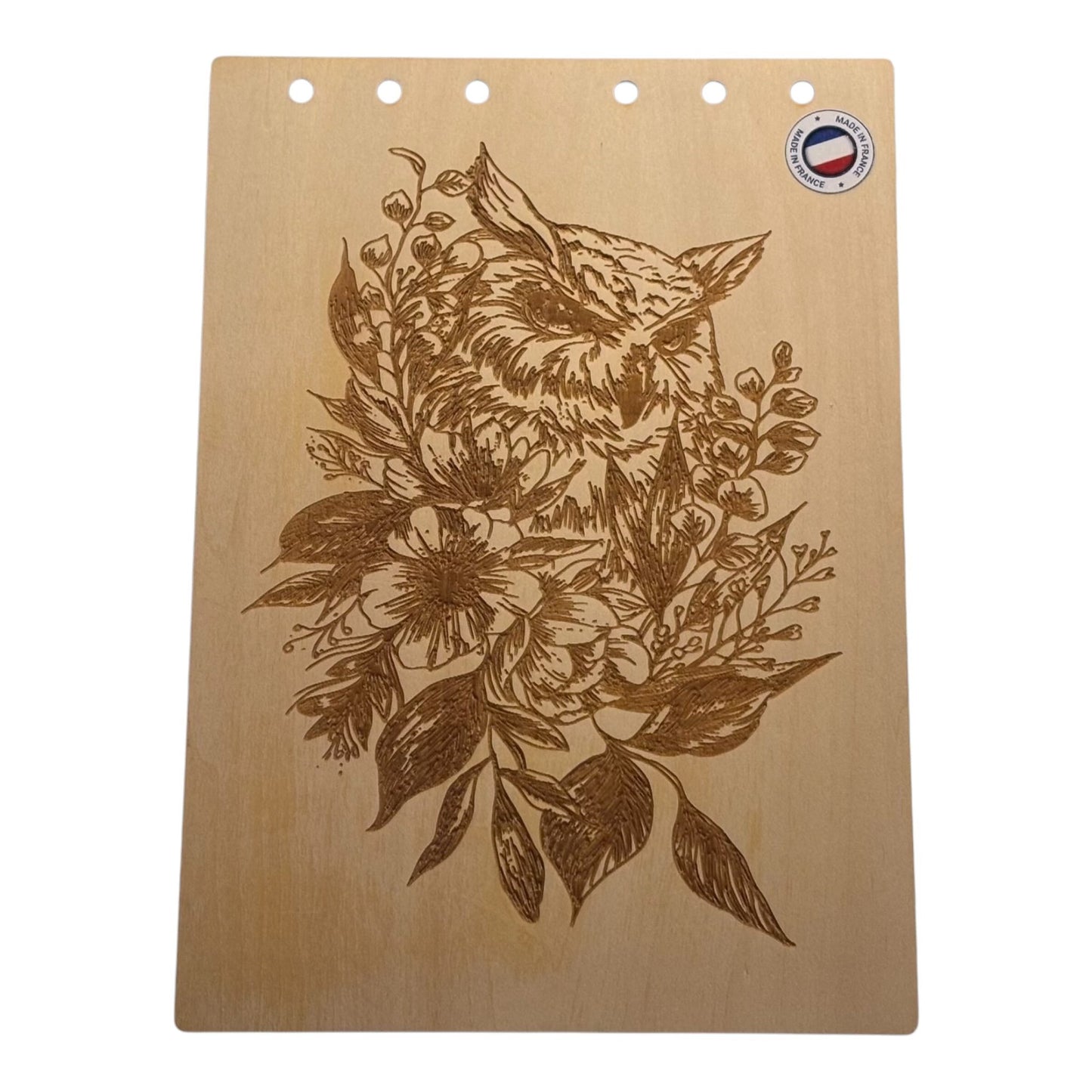 Couverture bloc note  A5 Chouette entourée de fleurs graver au laser rechargeable et ecologique fabrication francaise et artisanale