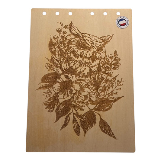 Couverture bloc note  A5 Chouette entourée de fleurs graver au laser rechargeable et ecologique fabrication francaise et artisanale