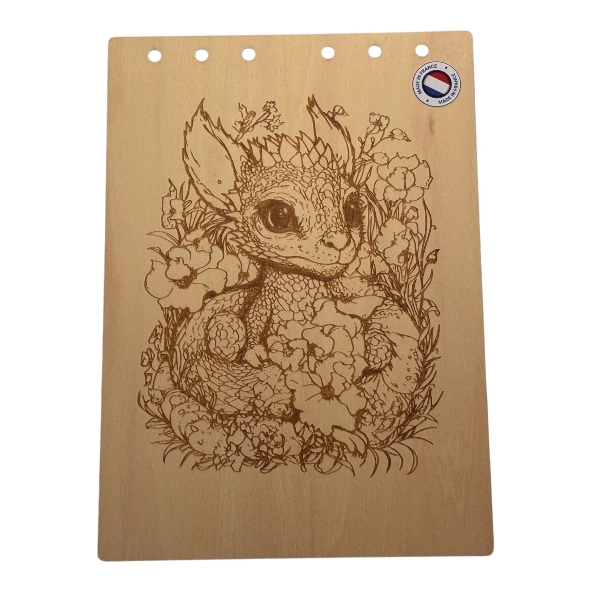 Couverture bloc note  A5 dragon dans les fleurs graver au laser rechargeable et ecologique fabrication francaise et artisanale