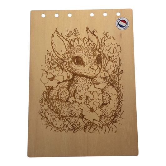Couverture bloc note  A5 dragon dans les fleurs graver au laser rechargeable et ecologique fabrication francaise et artisanale