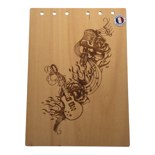 Couverture bloc note A5  Guitare et son flux de notes de musique graver au laser rechargeable et ecologique fabrication francaise et artisanale