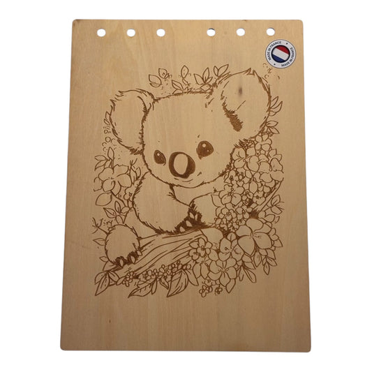 Couverture bloc note A5 koala avec fleurs -graver au laser rechargeable et ecologique fabrication francaise et artisanale