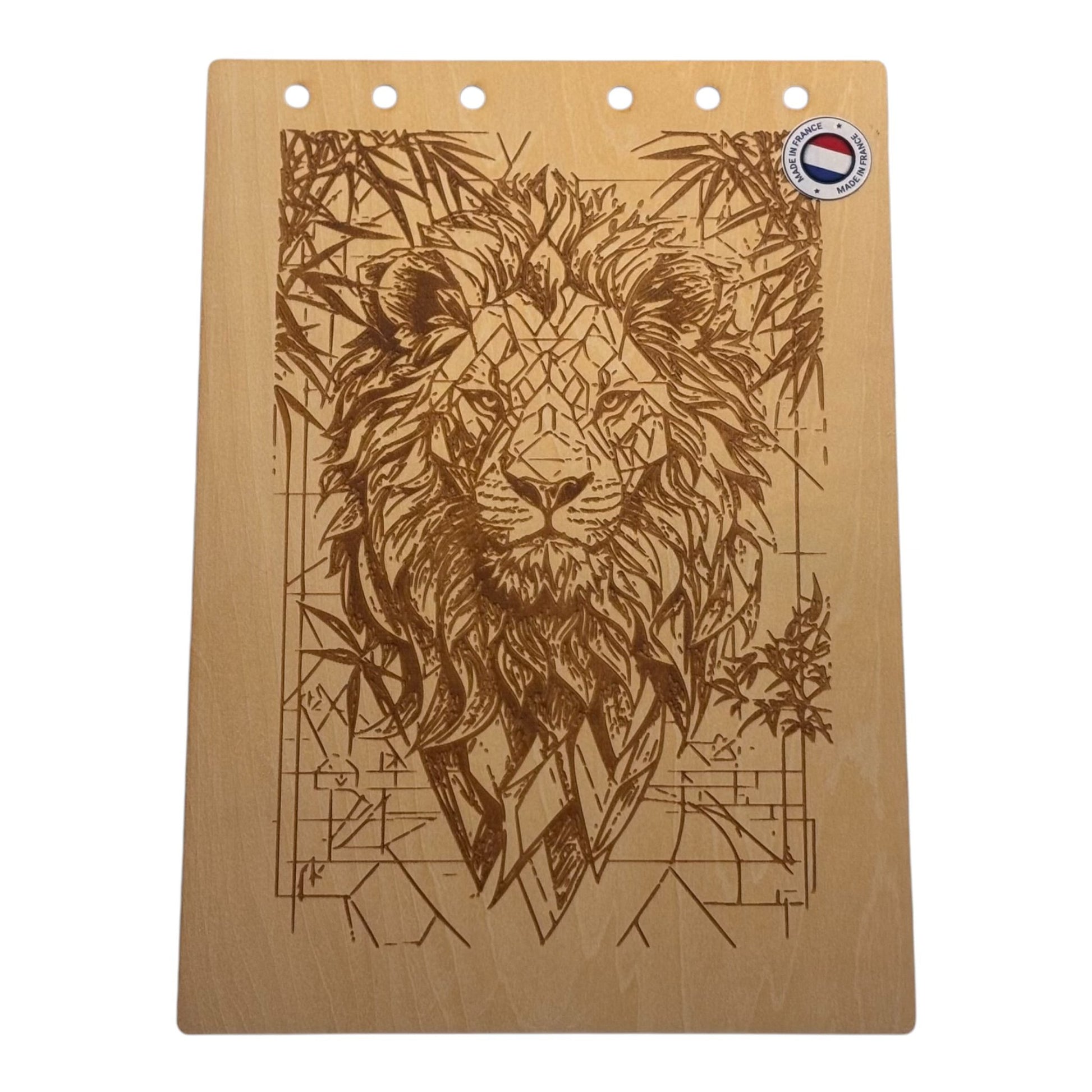 Couverture bloc note  A5 Lion géométriquegraver au laser rechargeable et ecologique fabrication francaise et artisanale