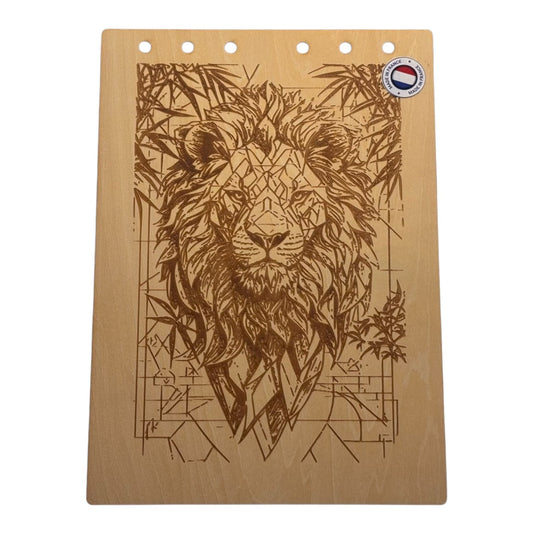 Couverture bloc note  A5 Lion géométriquegraver au laser rechargeable et ecologique fabrication francaise et artisanale