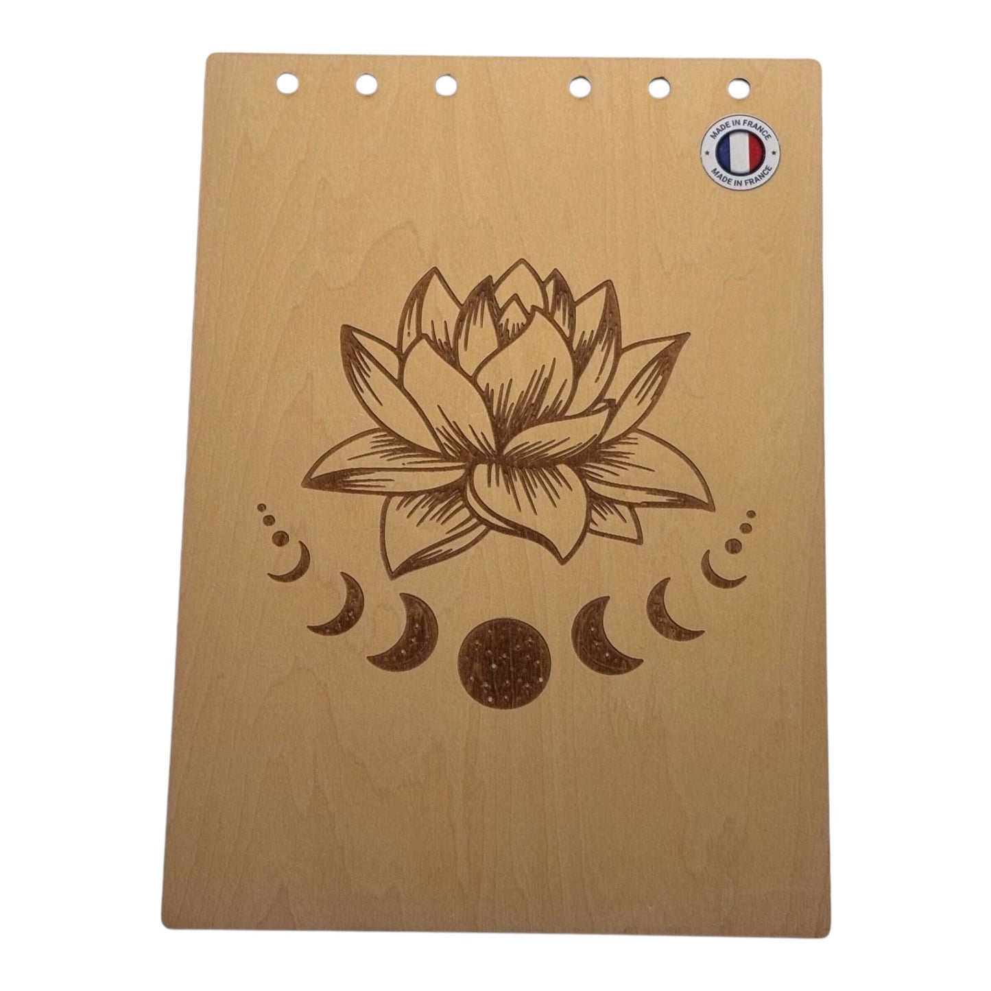 Couverture bloc note  A5 fleur de lotus avec phase de la lune graver au laser rechargeable et ecologique fabrication francaise et artisanale
