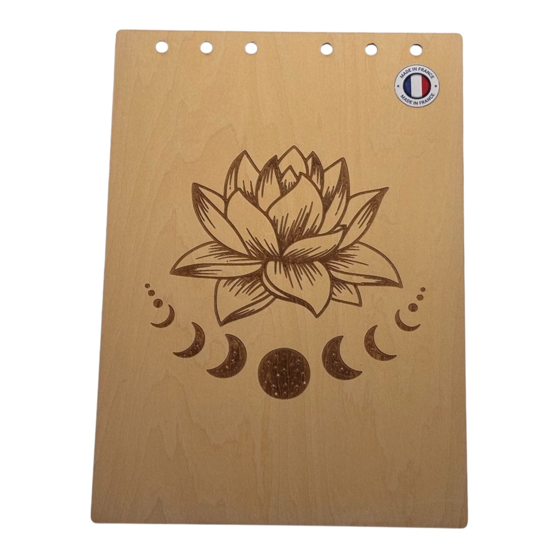 Couverture bloc note  A5 fleur de lotus avec phase de la lune graver au laser rechargeable et ecologique fabrication francaise et artisanale
