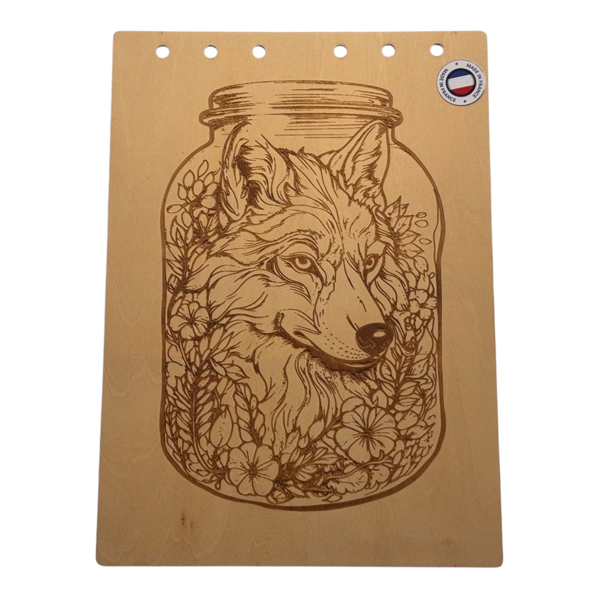 Couverture bloc note A5  Loup dans un bocal graver au laser rechargeable et ecologique fabrication francaise et artisanale