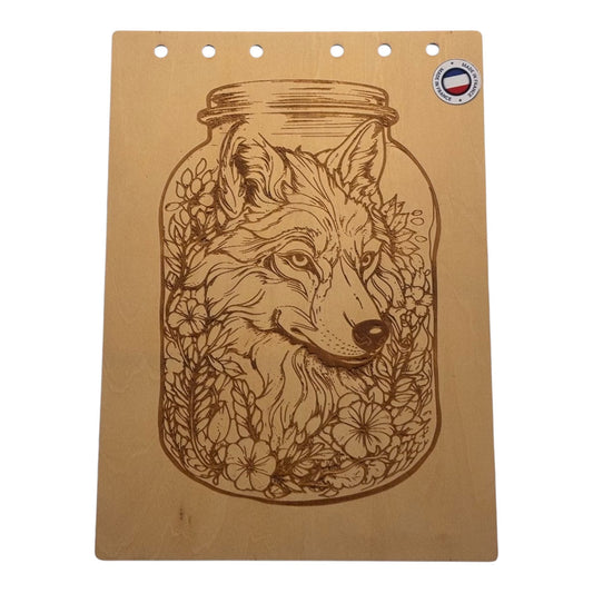 Couverture bloc note A5  Loup dans un bocal graver au laser rechargeable et ecologique fabrication francaise et artisanale