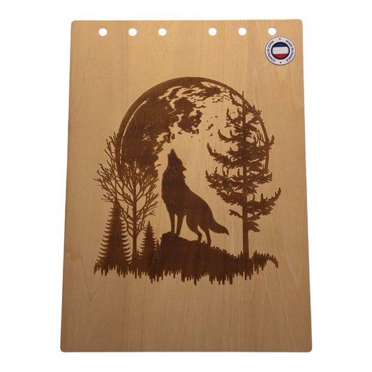 Couverture bloc note  A5 loup au clair de lune -graver au laser rechargeable et ecologique fabrication francaise et artisanale