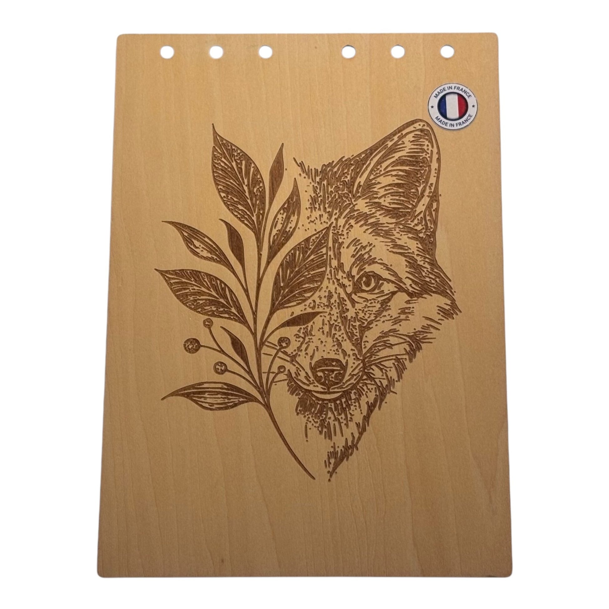 Couverture bloc note  A5 renard derrière une plante graver au laser rechargeable et ecologique fabrication francaise et artisanale