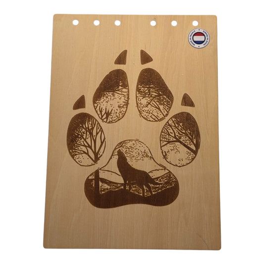 Couverture bloc note A5  Patte de loup avec silhouette de loup qui hurle dans la forêtgraver au laser rechargeable et ecologique fabrication francaise et artisanale