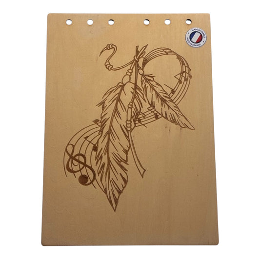 Couverture bloc note A5  plume et note de musique -graver au laser rechargeable et ecologique fabrication francaise et artisanale