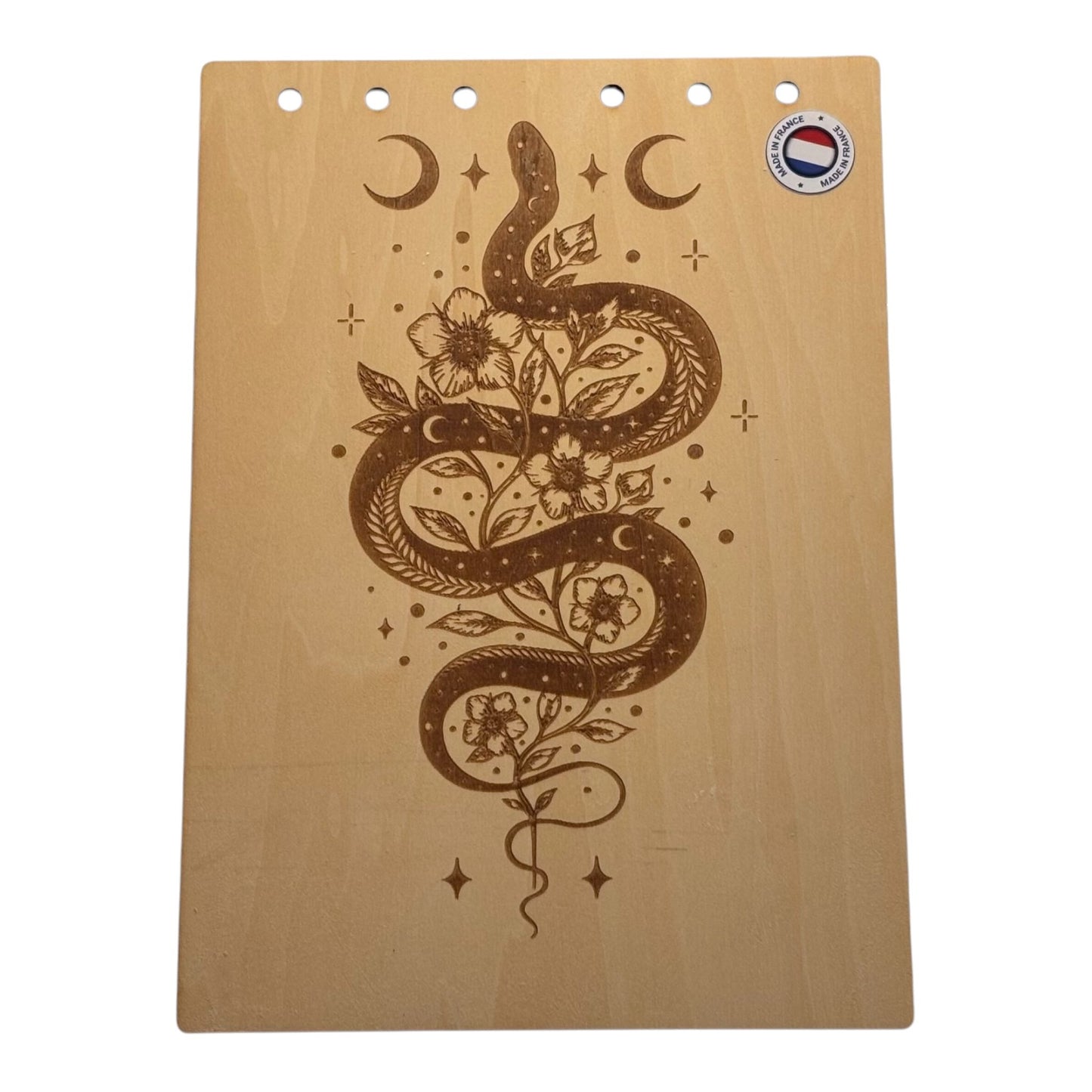 Couverture bloc note  A5 serpent avec lune et fleurs graver au laser rechargeable et ecologique fabrication francaise et artisanale