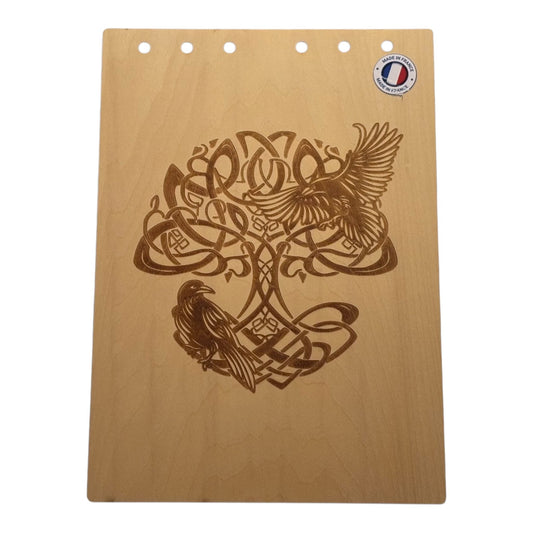 Couverture bloc note  A5 yggdrasil  et corbeaux graver au laser rechargeable et ecologique fabrication francaise et artisanale