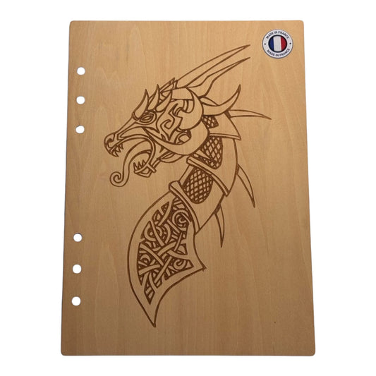 Couverture cahier  A5 dragon graver au laser rechargeable et ecologique fabrication francaise et artisanale