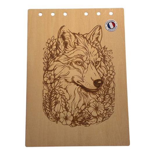 Couverture bloc note  A5 loup graver au laser rechargeable et ecologique fabrication francaise et artisanale