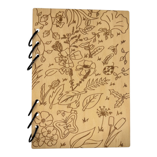 Carnet en bois format cahier ou bloc note  motifs printemps A5 écologique et rechargeable de fabrication francaise et artisanale illustration d'artiste gravé au laser