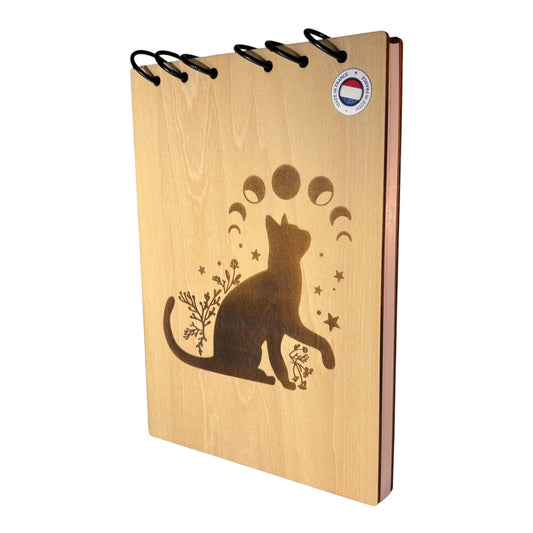 Bloc note A5 chat avec les phases de la lune -graver au laser rechargeable et ecologique fabrication francaise et artisanale