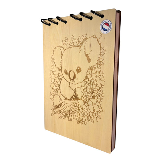 Bloc note A5 Koalas dans des fleurs graver au laser rechargeable et ecologique fabrication francaise et artisanale