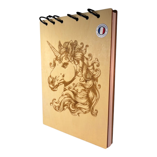 Bloc note  A5 licorne graver au laser rechargeable et ecologique fabrication francaise et artisanale