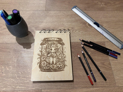 Bloc note  A5 avec crayons fée dans un bocal -graver au laser rechargeable et ecologique fabrication francaise et artisanale