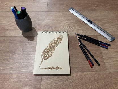 Bloc note A5 avec crayons plume steampunk - graver au laser rechargeable et ecologique fabrication francaise et artisanale