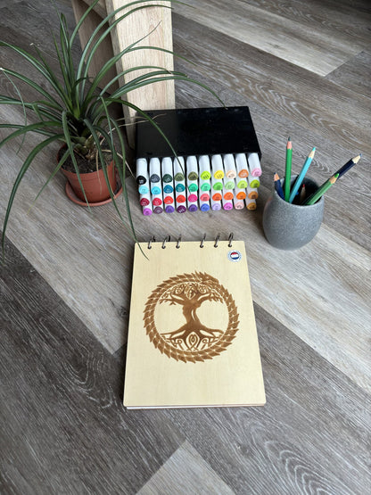  Bloc note  A5  avec feutres arbre et ouroboros graver au laser rechargeable et ecologique fabrication francaise et artisanale
