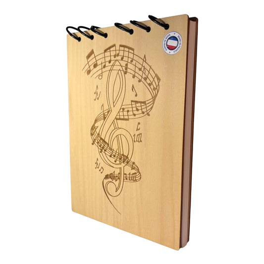  Bloc note  A5 Clé de sol entourée de notes de musiques -graver au laser rechargeable et ecologique fabrication francaise et artisanale