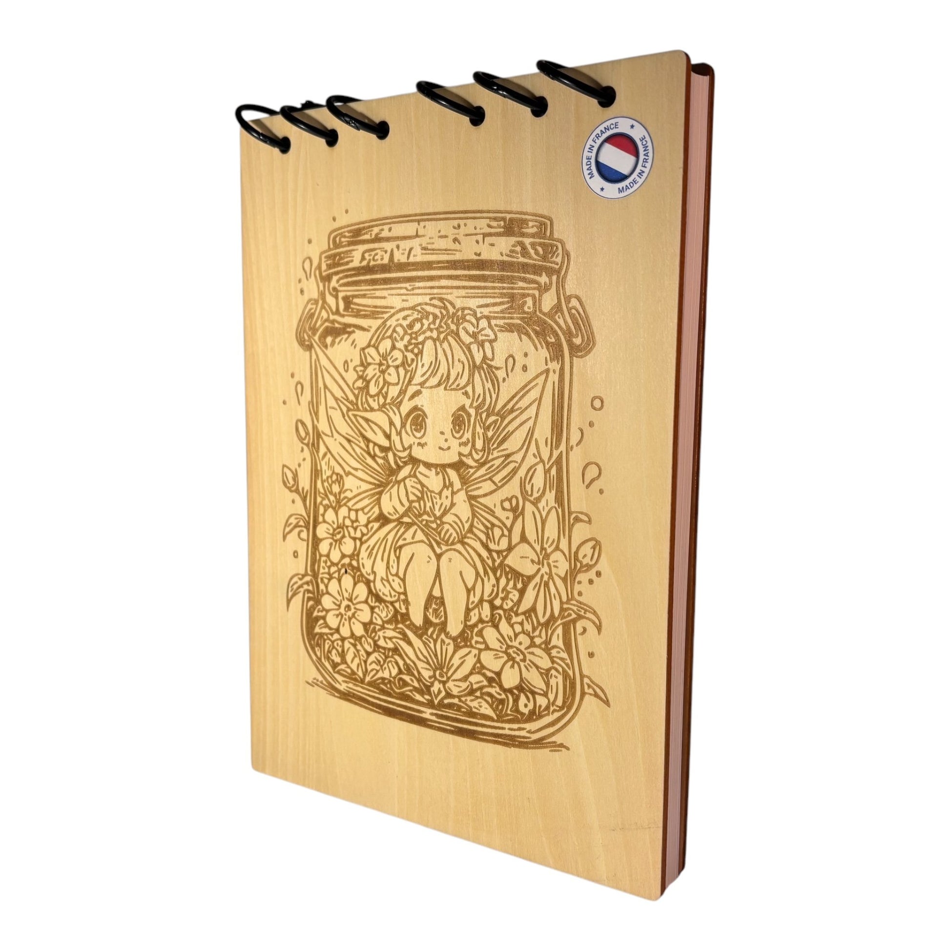 Bloc note A5  fée dans un bocal graver au laser rechargeable et ecologique fabrication francaise et artisanale