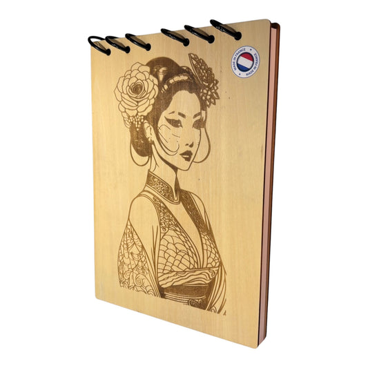 Bloc note A5 femme en tenue traditionnelle chinoise graver au laser rechargeable et ecologique fabrication francaise et artisanale