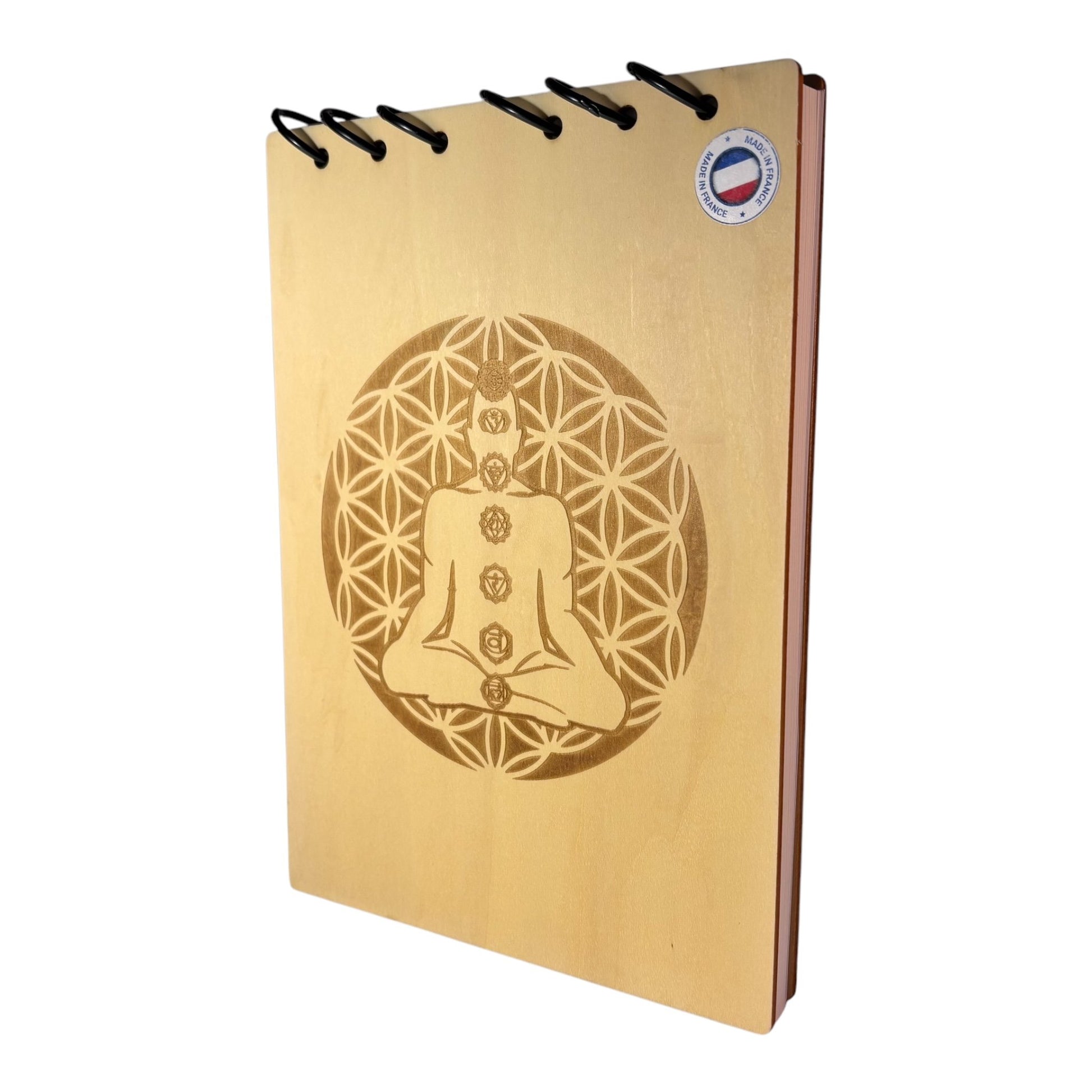 Bloc note  A5 fleur de vie avec yogi - graver au laser rechargeable et ecologique fabrication francaise et artisanale