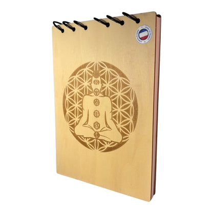 Bloc note  A5 fleur de vie avec yogi - graver au laser rechargeable et ecologique fabrication francaise et artisanale
