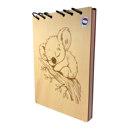 Bloc note A5 koalas sur sa branche graver au laser rechargeable et ecologique fabrication francaise et artisanale