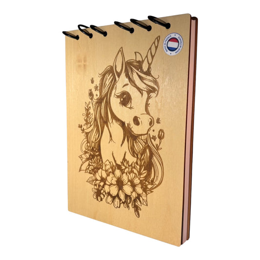 Bloc note A5  Licorne dans des fleurs - -graver au laser rechargeable et ecologique fabrication francaise et artisanale