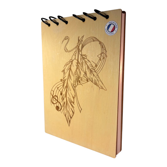 Bloc note  A5 plume et notes de musique - graver au laser rechargeable et ecologique fabrication francaise et artisanale