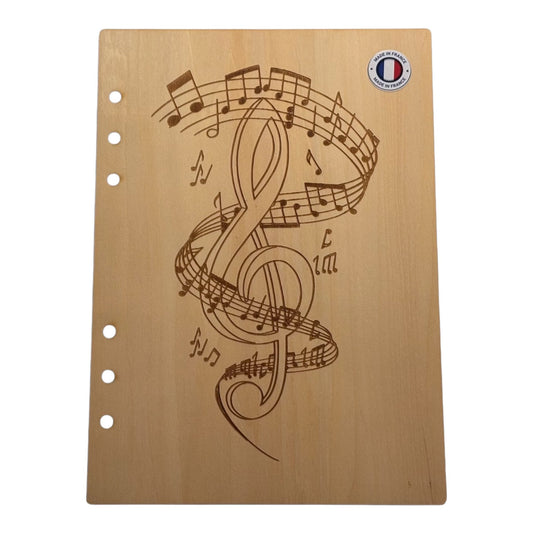 Couverture cahier  A5 clé de sol entourée de notes de musiques -graver au laser rechargeable et ecologique fabrication francaise et artisanale