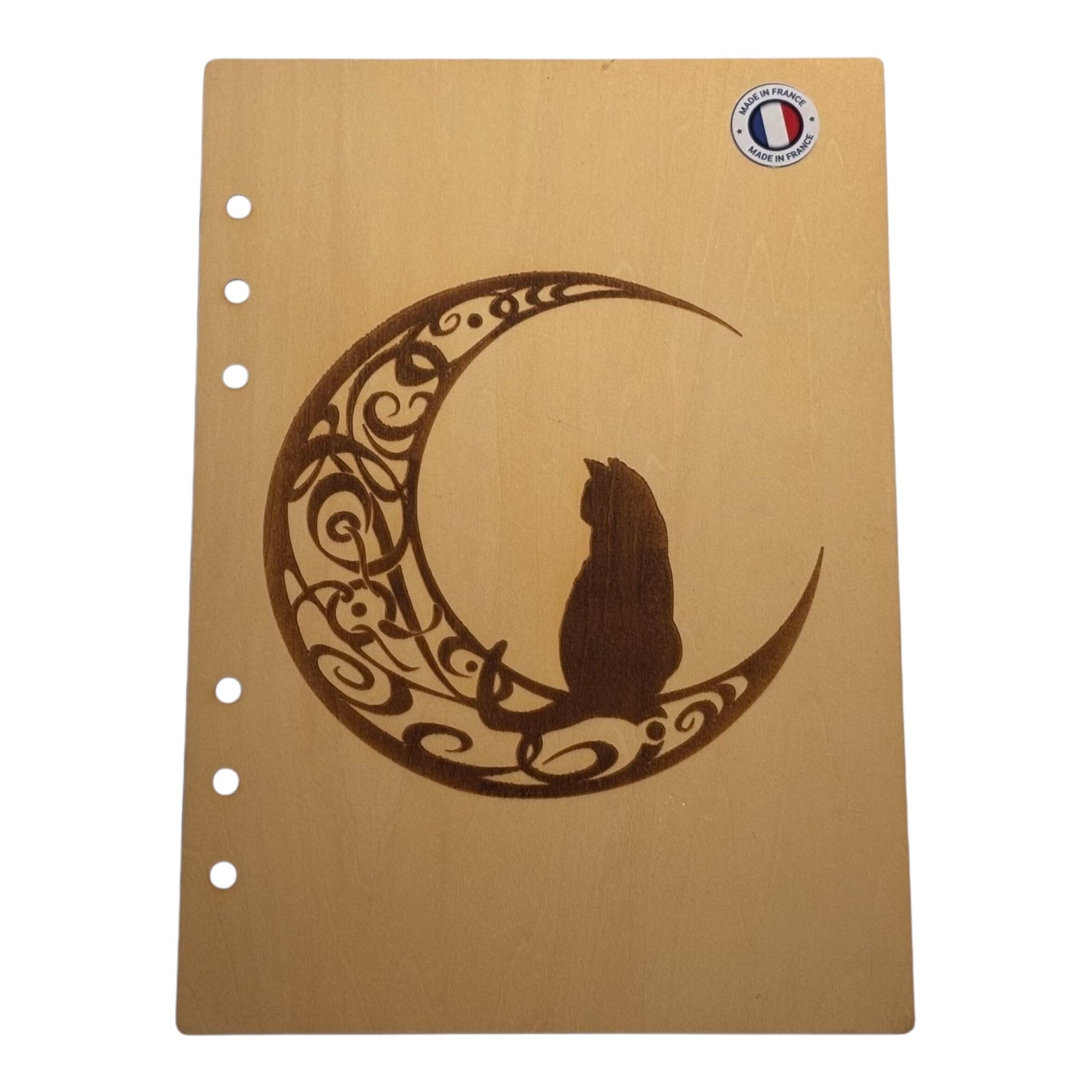 Couverture cahier A5 chat sur une lune en arabesque graver au laser rechargeable et evolutif fabrication francaise et artisanale