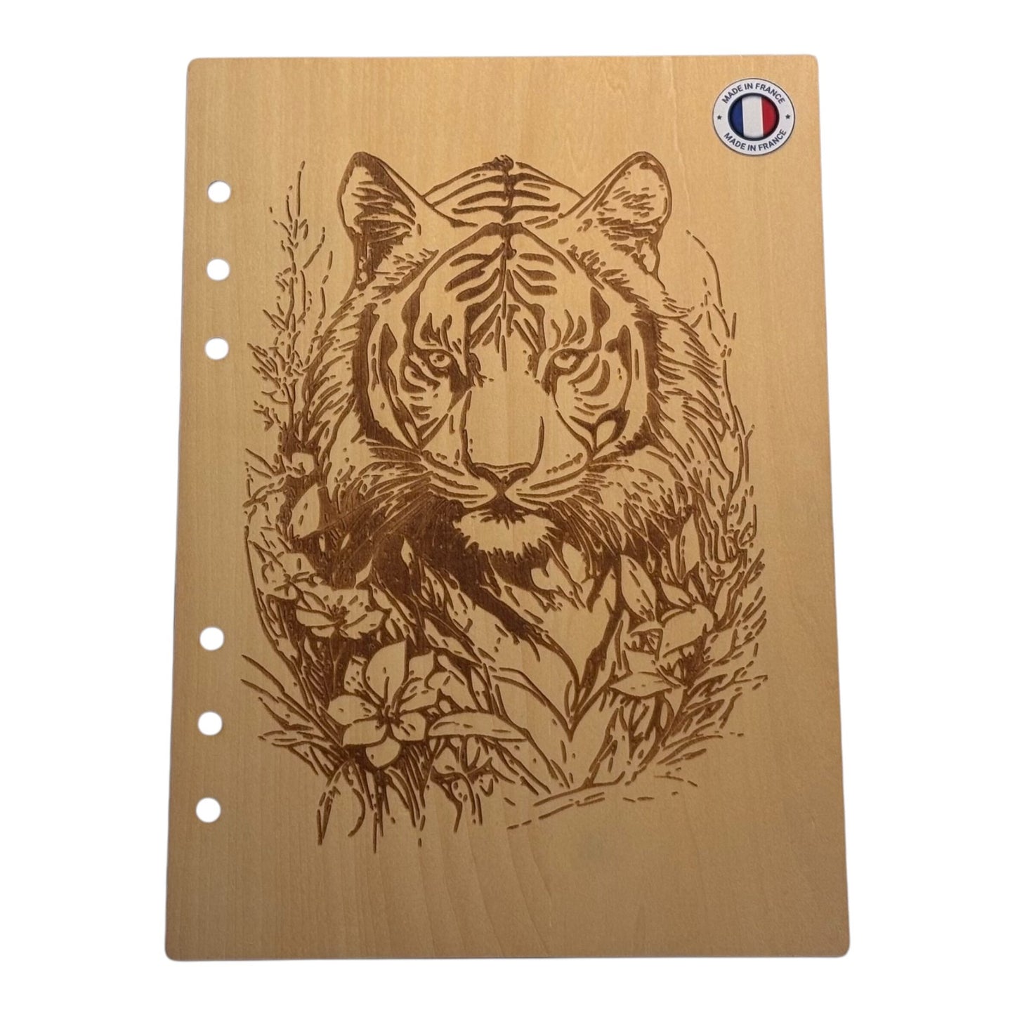 Couverture cahier A5 tigre avec des fleurs graver au laser rechargeable et ecologique fabrication francaise et artisananle