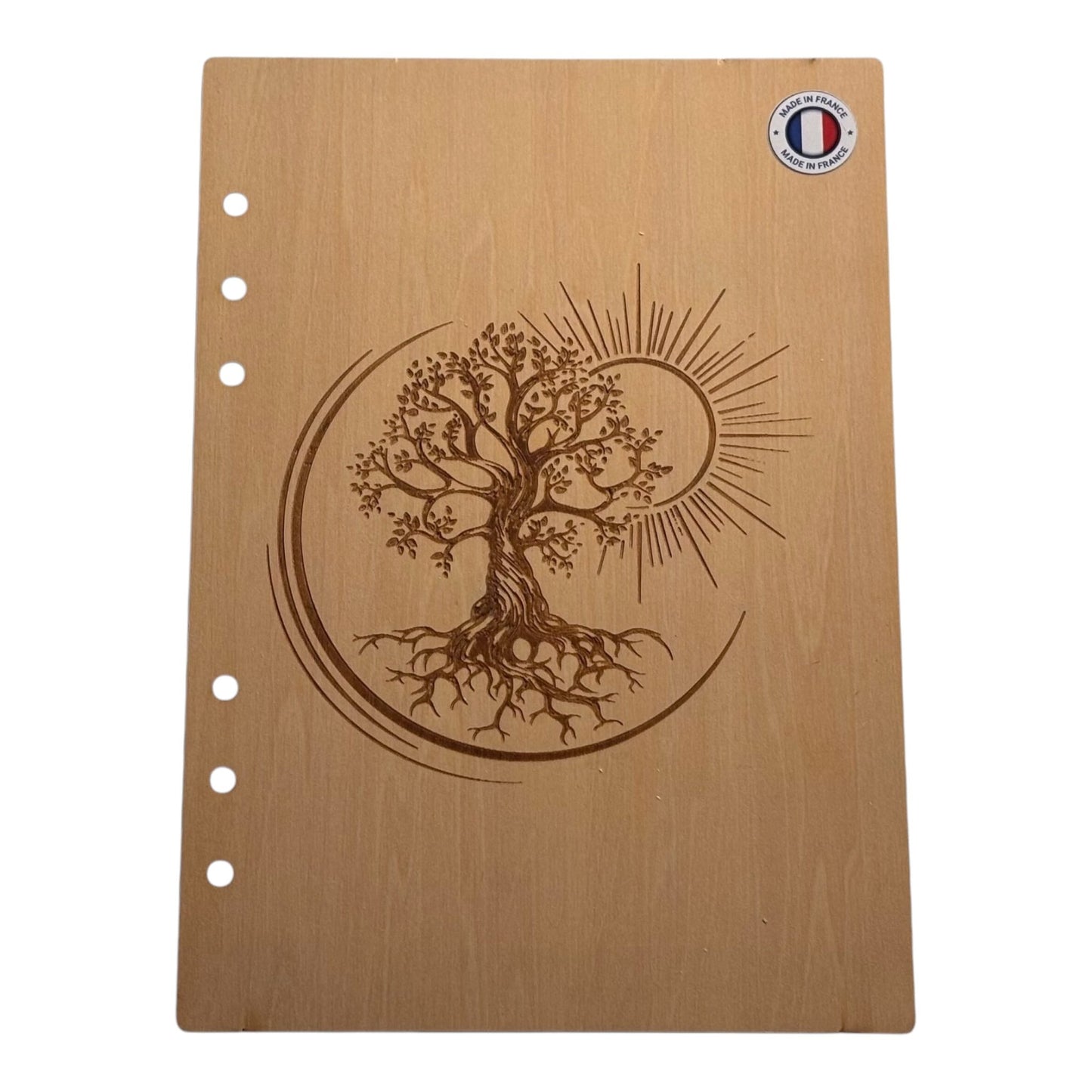 Couverture cahier A5  arbre de vie avec soleil graver au laser rechargeable et ecologique fabrication francaise et artisanale