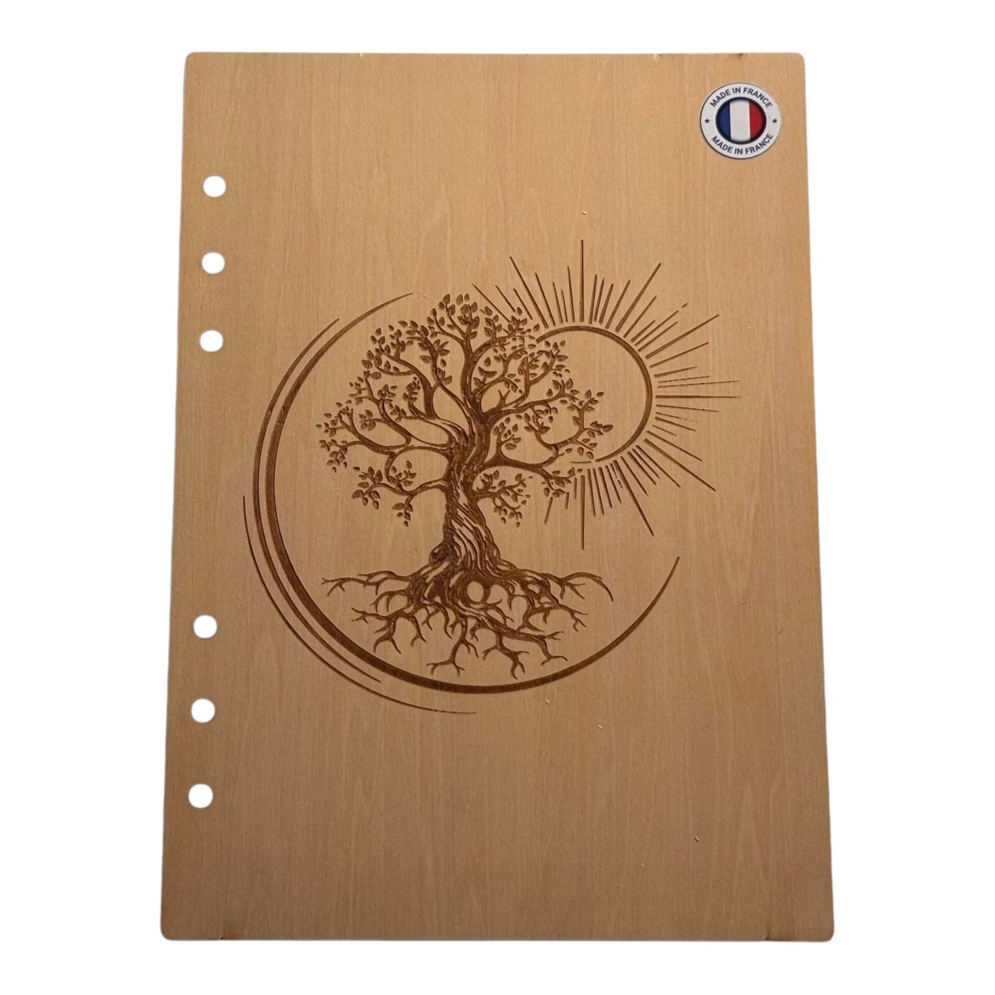 Couverture cahier A5  arbre de vie avec soleil graver au laser rechargeable et ecologique fabrication francaise et artisanale