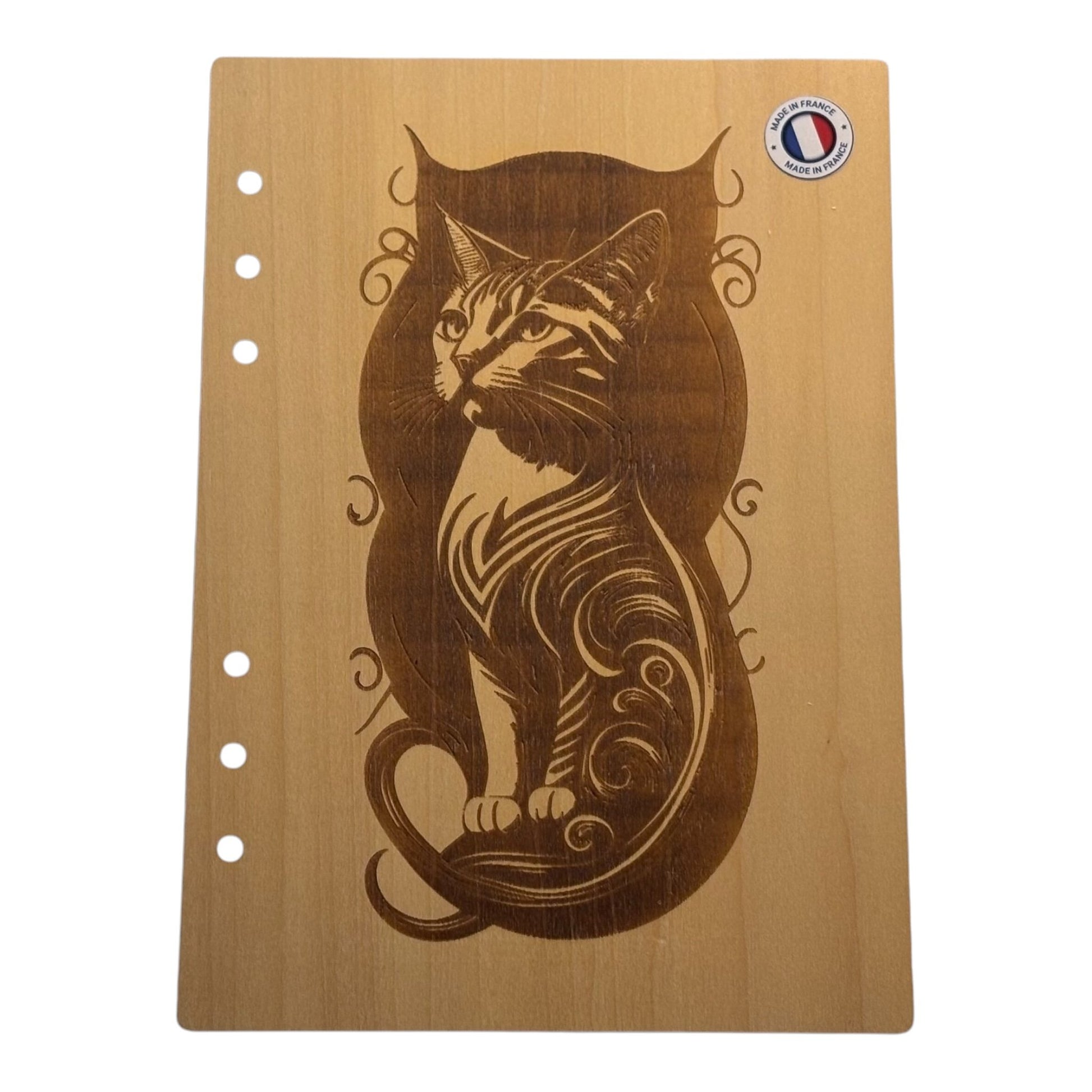 Couverture cahier A5  chat dans son ombre graver au laser rechargeable et ecologique fabrication francaise et artisanale