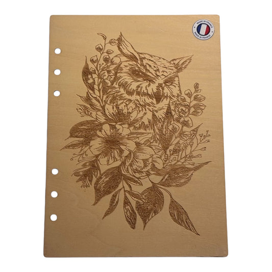 Couverture cahier  A5 Chouettegraver au laser rechargeable et ecologique fabrication francaise et artisanale - Mon carnet en bois