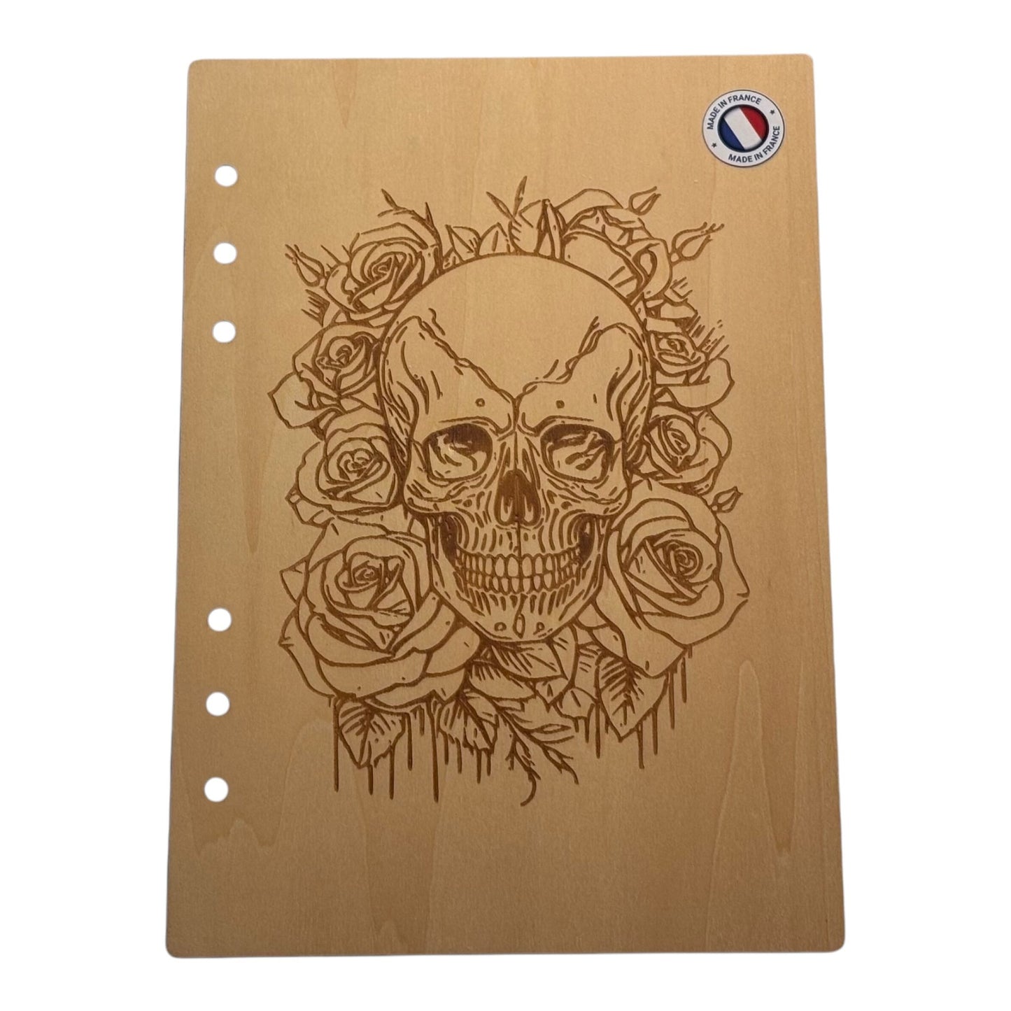 Couverture cahier  A5 crâne sur des roses graver au laser rechargeable et ecologique fabrication francaise et artisananle