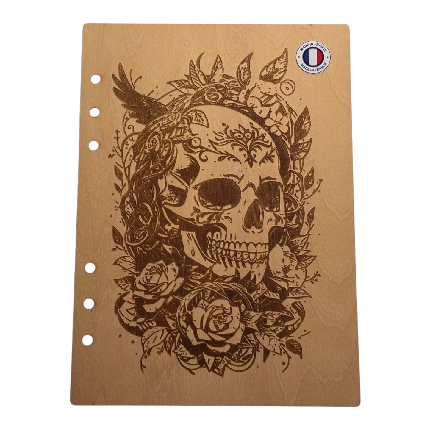 Couverture cahier A5 crâne entouré de fleurs Graver au laser rechargeable et ecologique fabrication francaise et artisanale