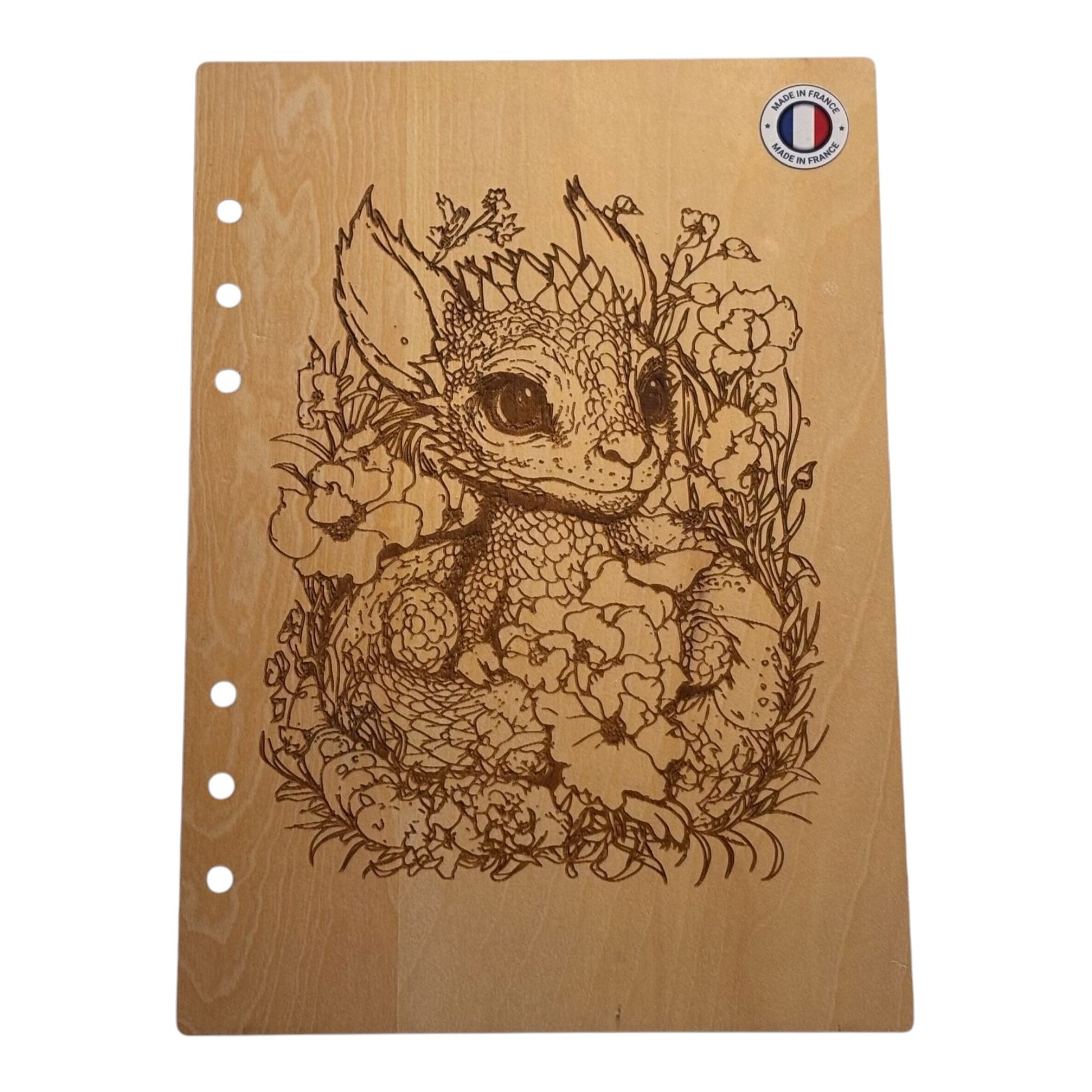 Couverture cahier  A5 dragon dans les fleurs graver au laser rechargeable et ecologique fabrication francaise et artisanale 